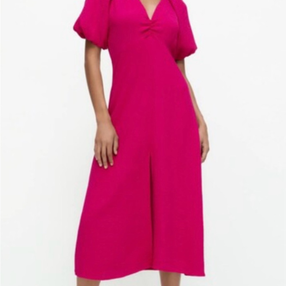 zara fuchsia hot pink midi long balloon sleeve dress